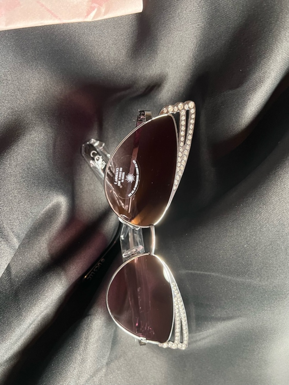 Aldo Silver Cat-Eye Sunglasses with Crystal Accent - Black Lenses